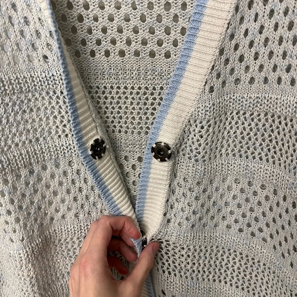 Like-New Design History Open-Knit Cardigan Sweater in Poolside Combo - Picture 6 of 8